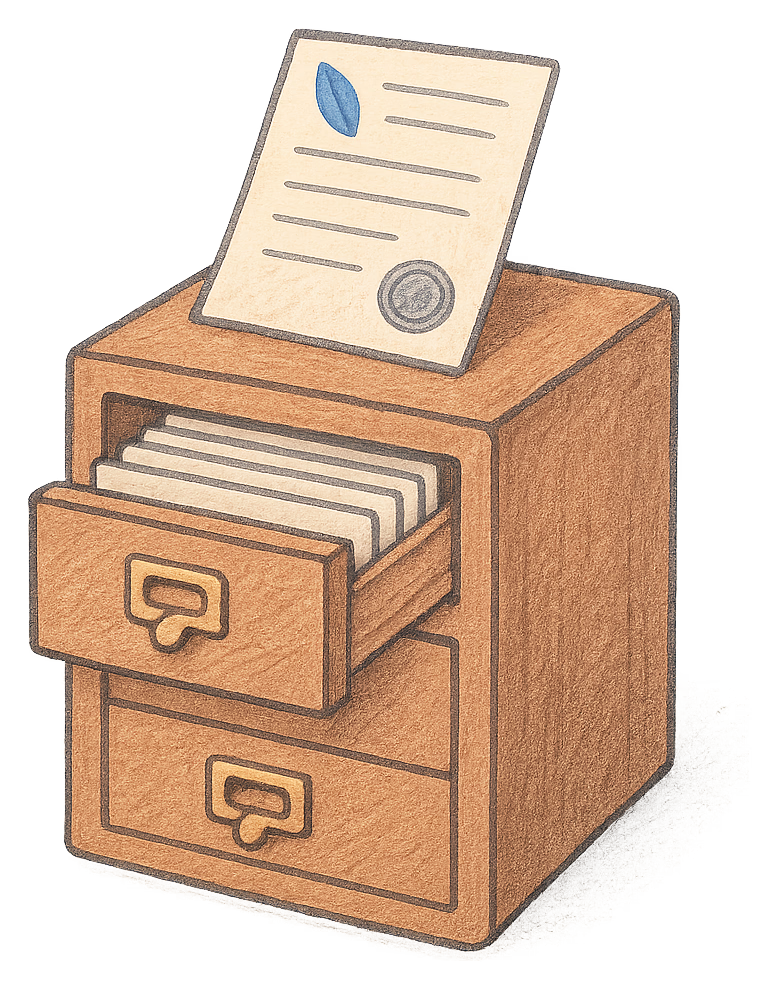 A drawing of a card-index cabinet with an open drawer and a folded deed poll on top