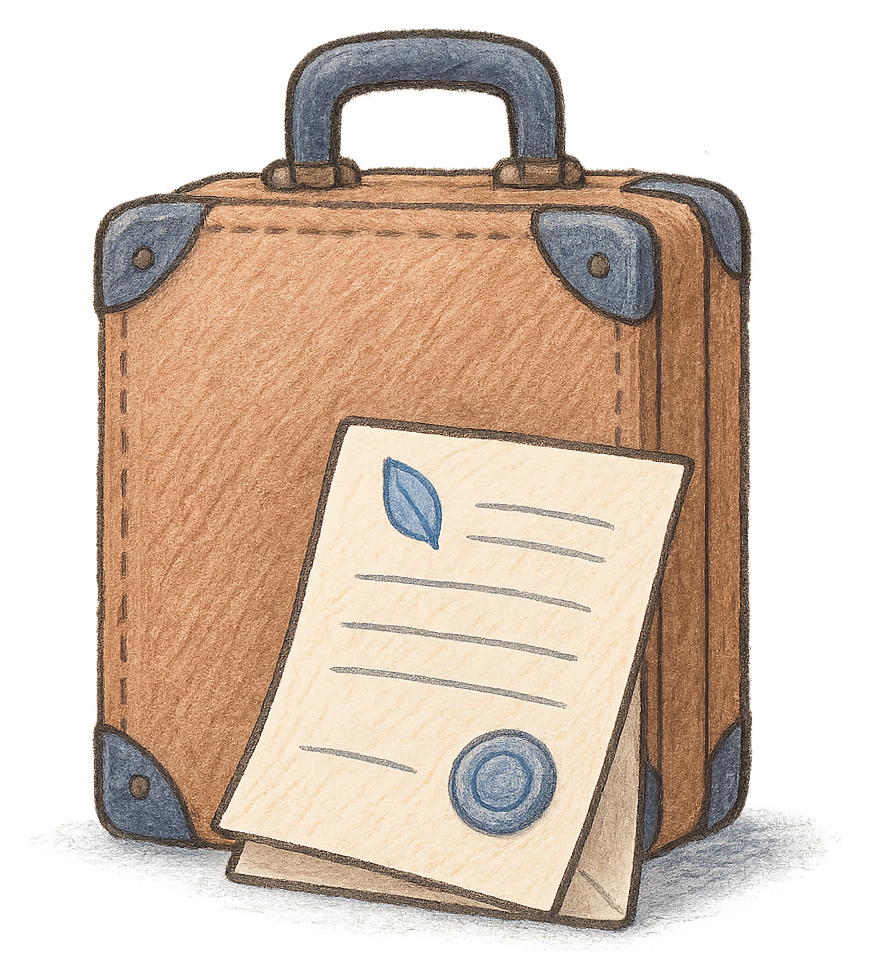 A drawing of a stamped certificate resting against a suitcase