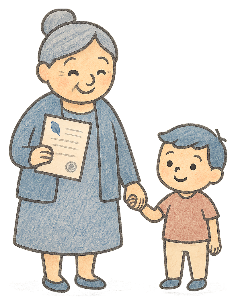A drawing of a grandmother holding a small boy's hand and a deed poll