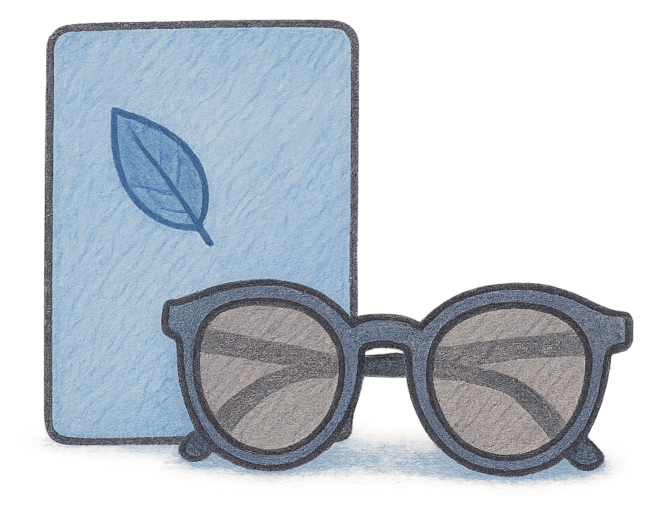 A drawing of a blue card beside sunglasses