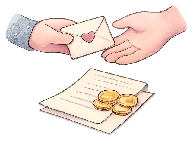 A drawing of one hand passing a small envelope to another above a folded deed poll with three coins on it