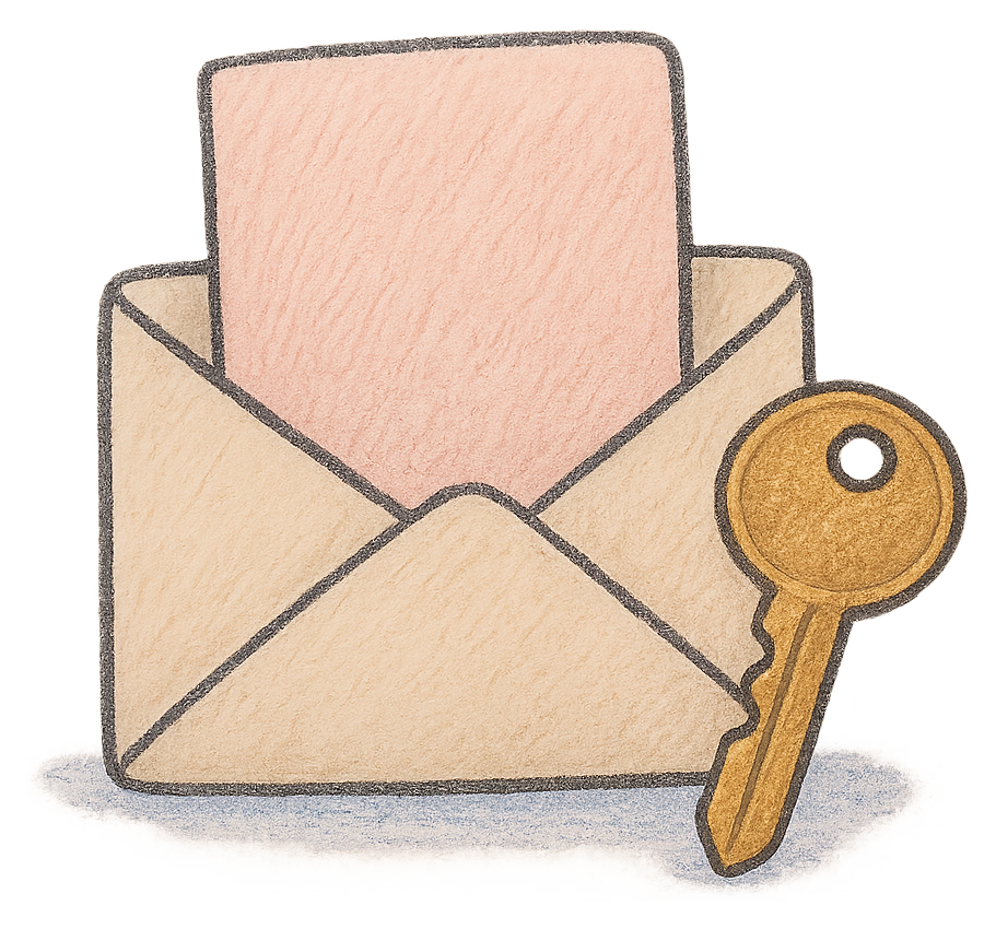 A drawing of an envelope with the address hidden under a folded card, a house key beside it