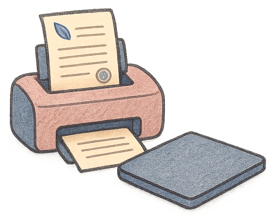 A drawing of a deed poll coming out of a small home printer