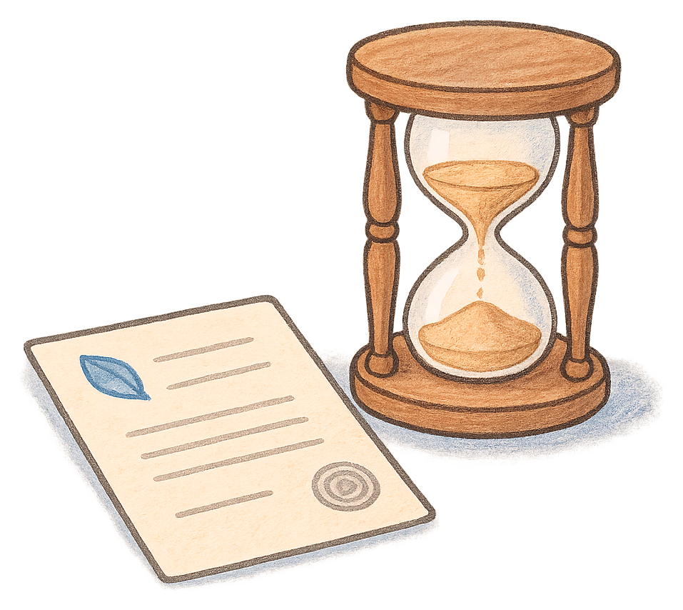 A drawing of a deed poll beside an old hourglass
