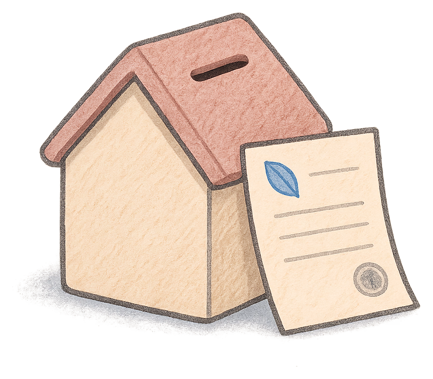 A drawing of a house-shaped money box with a deed poll leaning against it