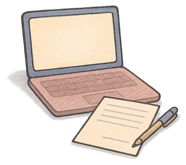 A drawing of an open laptop beside a freshly printed sheet with an empty signature line and a pen