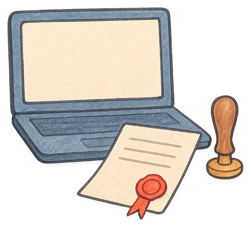 A drawing of an open laptop beside a document with a red wax seal and a seal stamp
