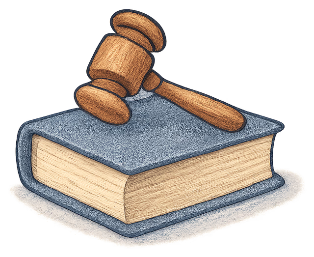 A thick law book with a gavel resting on it
