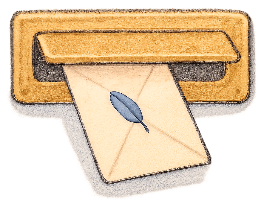 A drawing of a deed poll arriving through a letterbox