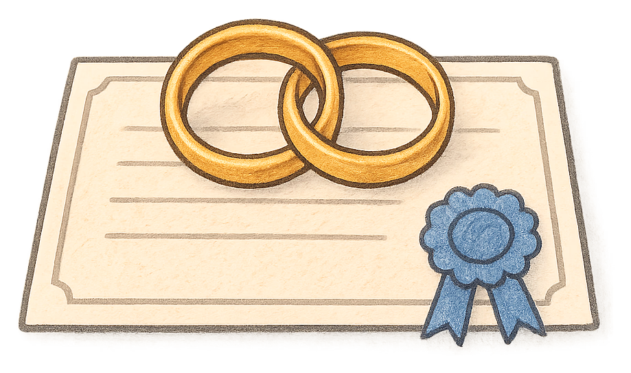 A drawing of two linked rings resting on a certificate with a blue rosette
