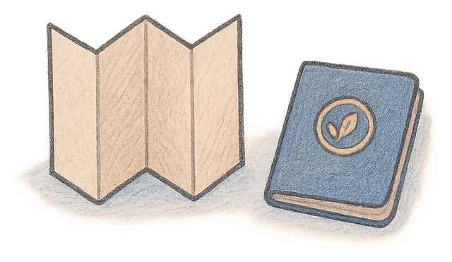 A drawing of a long folded paper strip beside a passport