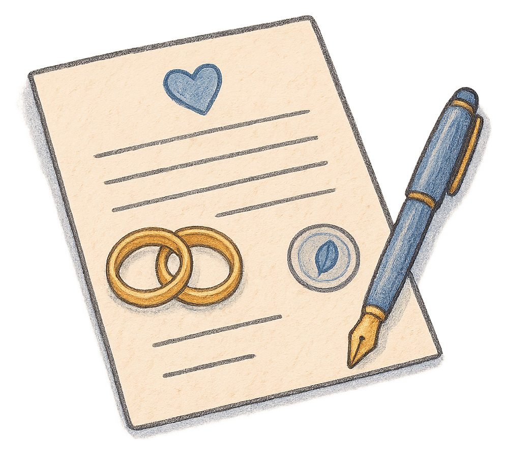 A drawing of a marriage certificate with two small rings resting on it and a pen beside it
