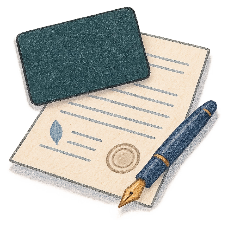 A drawing of a plain metal payment card resting on a folded deed poll