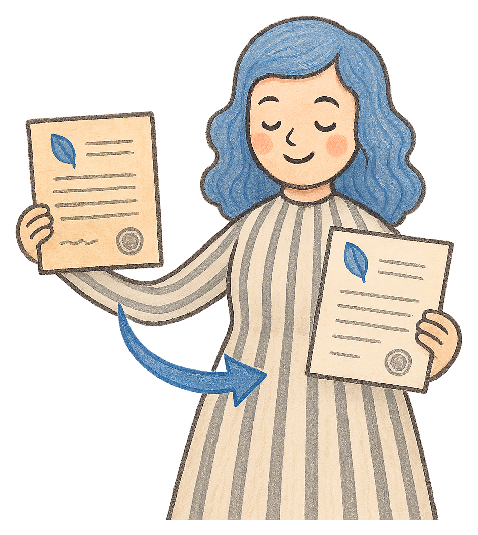 A drawing of a woman holding an old deed poll and a new one with an arrow between them