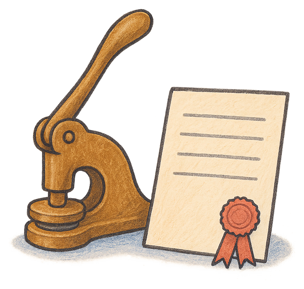 A drawing of a brass seal press beside a deed poll with a ribbon