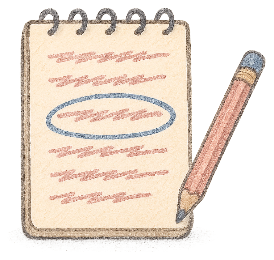 A drawing of a notepad with lines crossed out and one circled, and a pencil