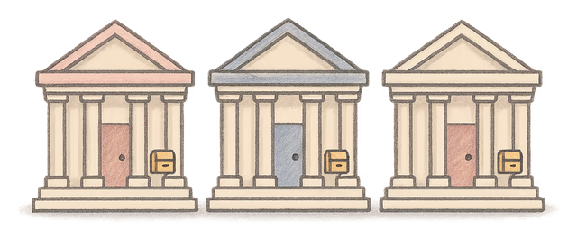 A drawing of a row of small official buildings with columns