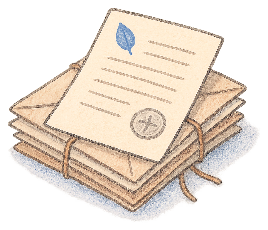 A drawing of a bundle of old envelopes tied with string with a deed poll on top