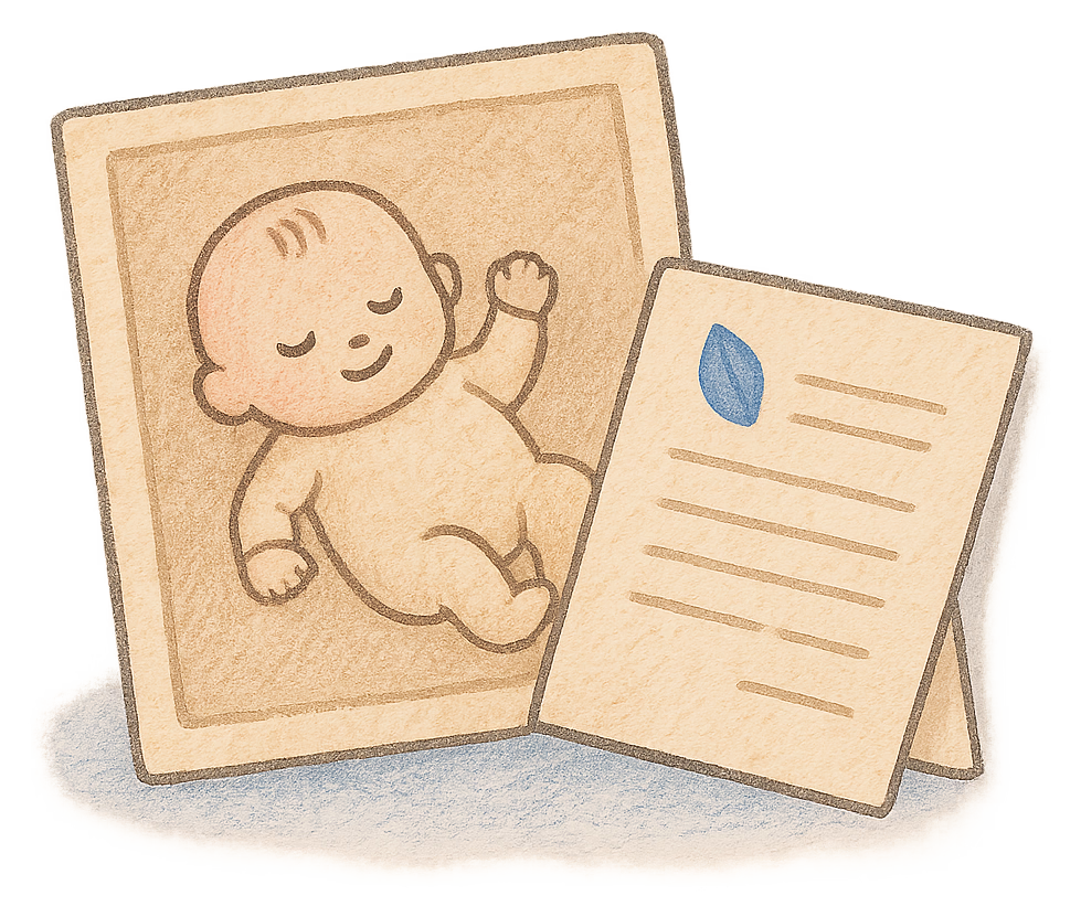 A drawing of an old baby photograph beside a deed poll