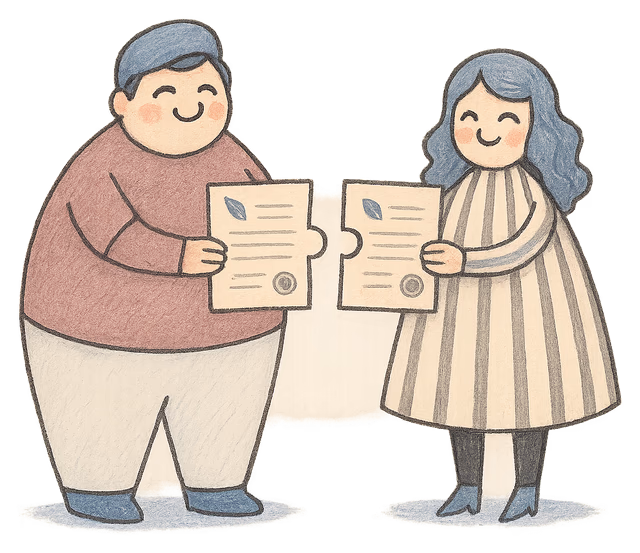 A drawing of a man and a woman each holding half of a sheet of paper, fitting the two halves together