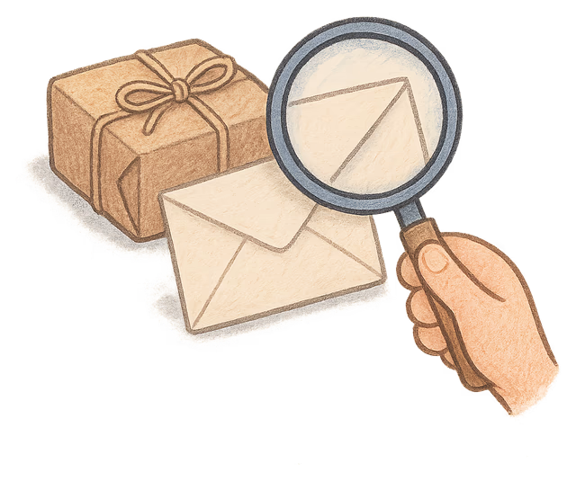 A drawing of a parcel and an envelope with a magnifying glass held over the envelope