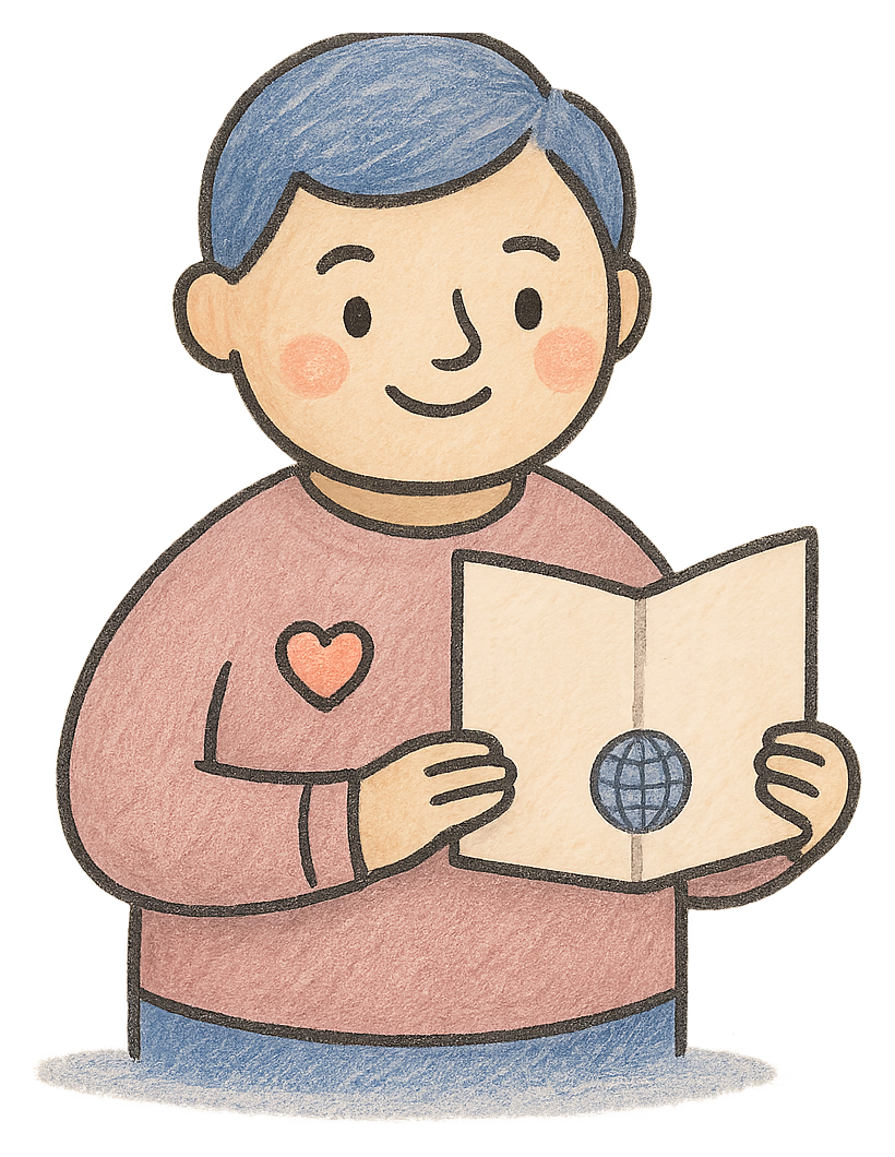 A drawing of a person holding an open passport and smiling, a small heart badge on their jumper