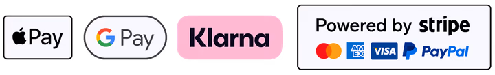 Apple Pay, Google Pay, Klarna, and cards through Stripe: Mastercard, Visa and PayPal