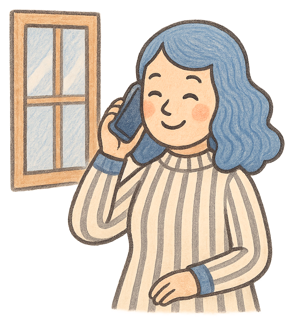 A drawing of a woman by a window talking on a mobile phone
