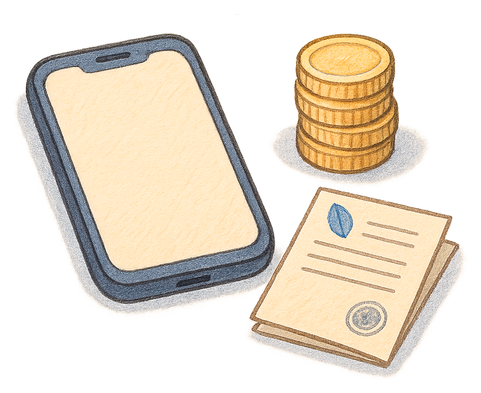 A drawing of a smartphone beside a stack of coins and a folded deed poll