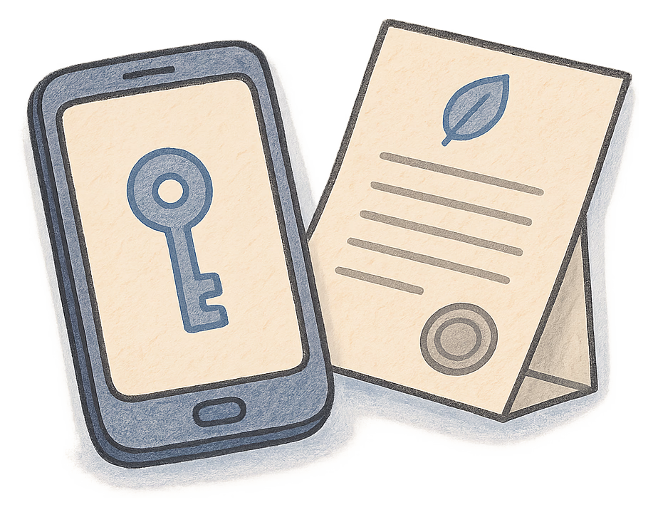 A drawing of a smartphone showing a key shape beside a folded deed poll