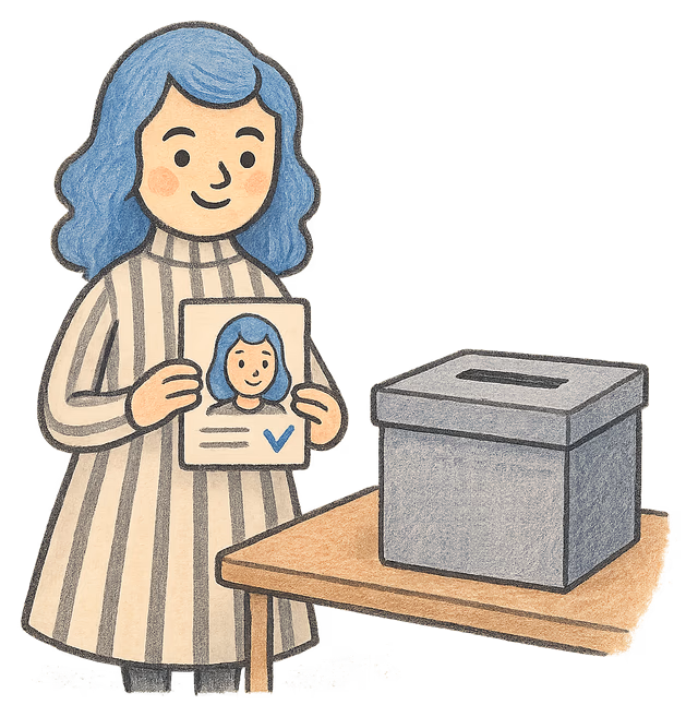 A drawing of a woman at a polling station holding a photo ID card, a ballot box beside her