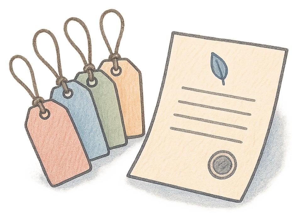 A drawing of five blank price tags fanned out beside a folded deed poll