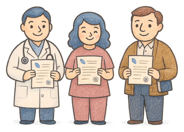 A drawing of a doctor, a nurse and a teacher standing in a row, each holding a deed poll