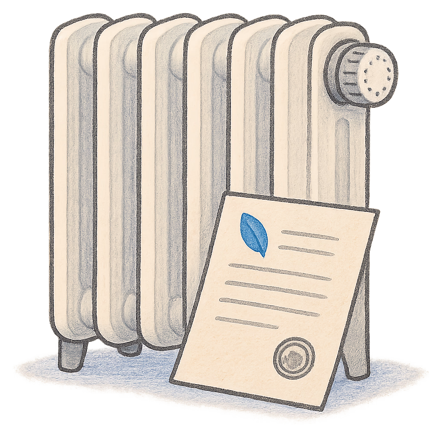 A drawing of a radiator with a thermostat dial and a folded deed poll