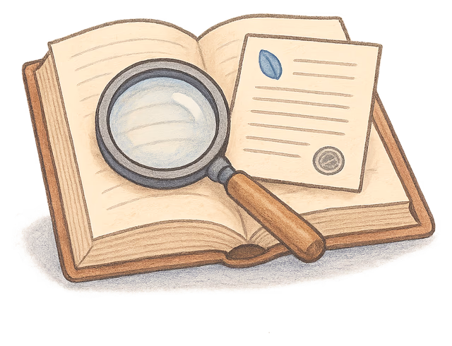 A drawing of a magnifying glass on an open ledger with a deed poll tucked inside