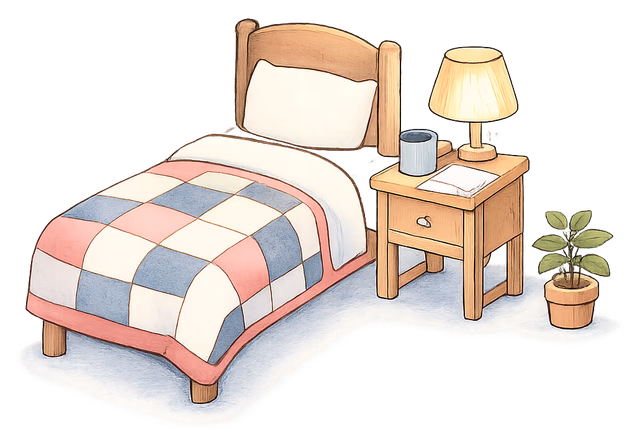 A drawing of a single bed with a patchwork quilt, and a lamp, a mug and a folded deed poll on the bedside table