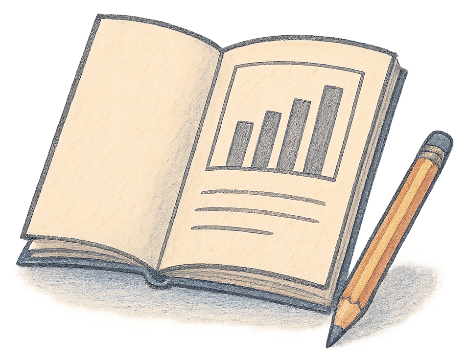 A drawing of a bound report booklet with a simple bar chart on its cover and a pencil