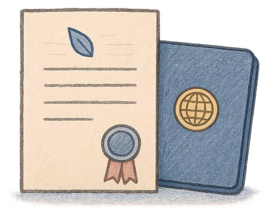 A drawing of a ribboned certificate beside a passport