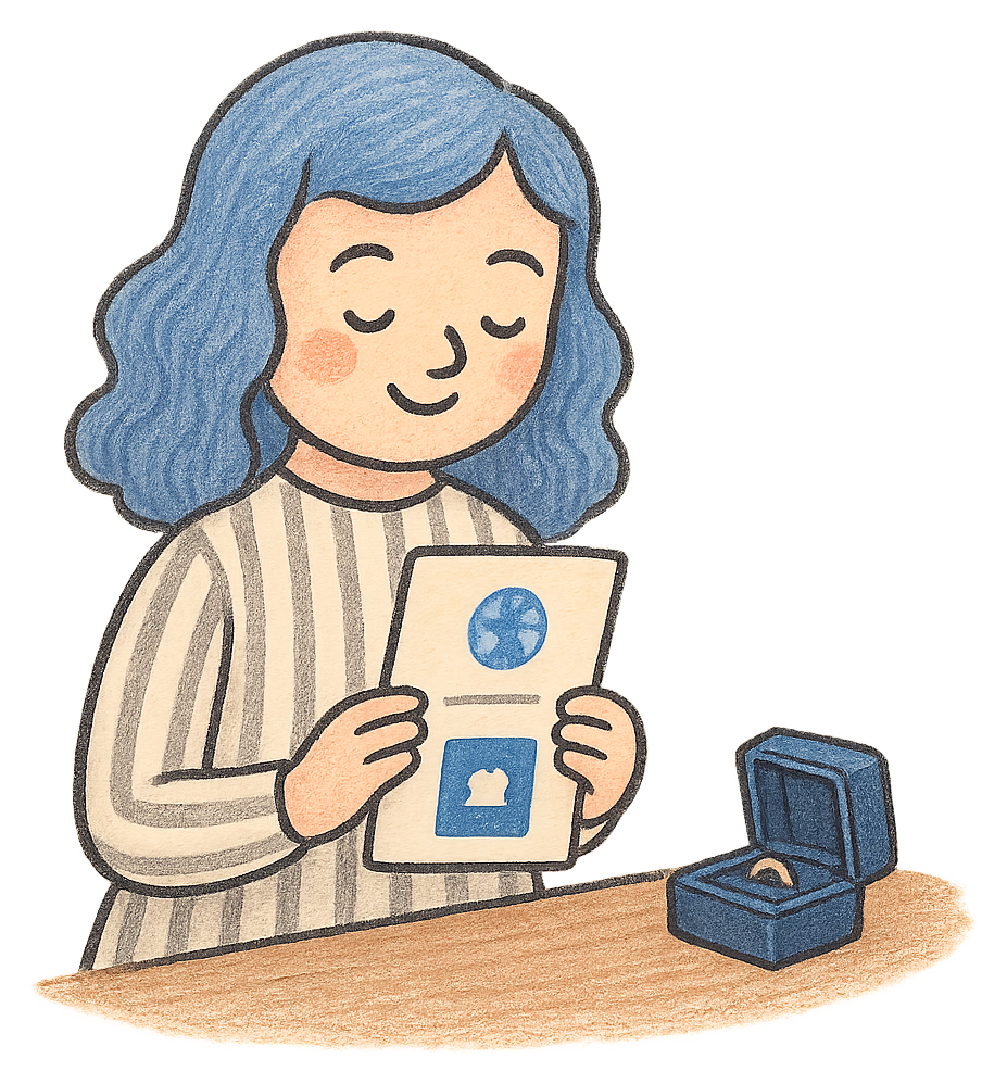 A drawing of a woman holding her passport and smiling, a closed ring box on the table beside her