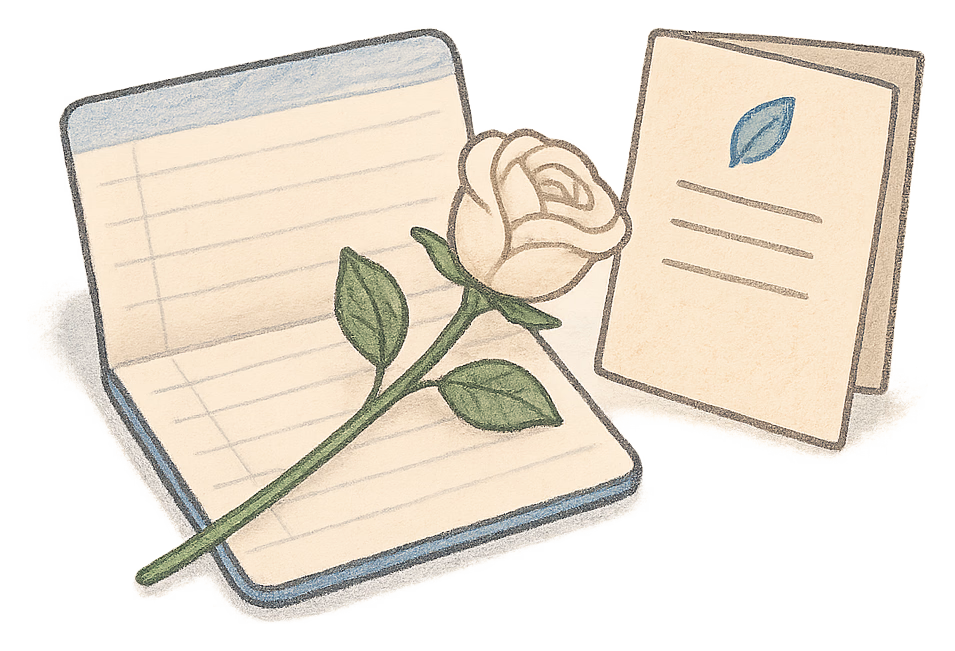 A drawing of a white rose lying across an open passbook beside a deed poll