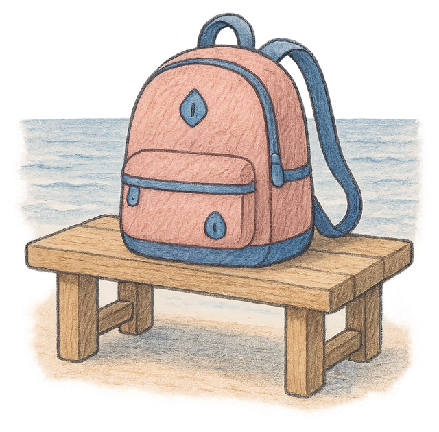 A drawing of a child's rucksack on a bench by the sea