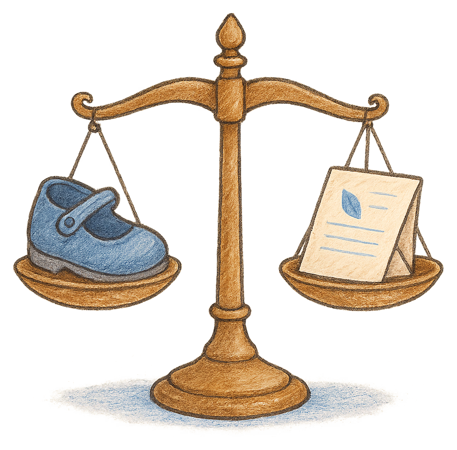 A drawing of brass scales with a child's shoe in one pan and a letter in the other