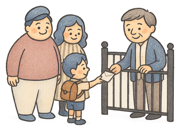 A drawing of a small boy handing a letter to a teacher at the school gate