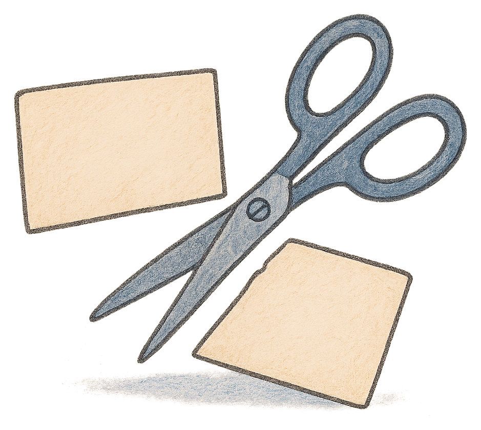 A drawing of scissors beside a card cut into two halves