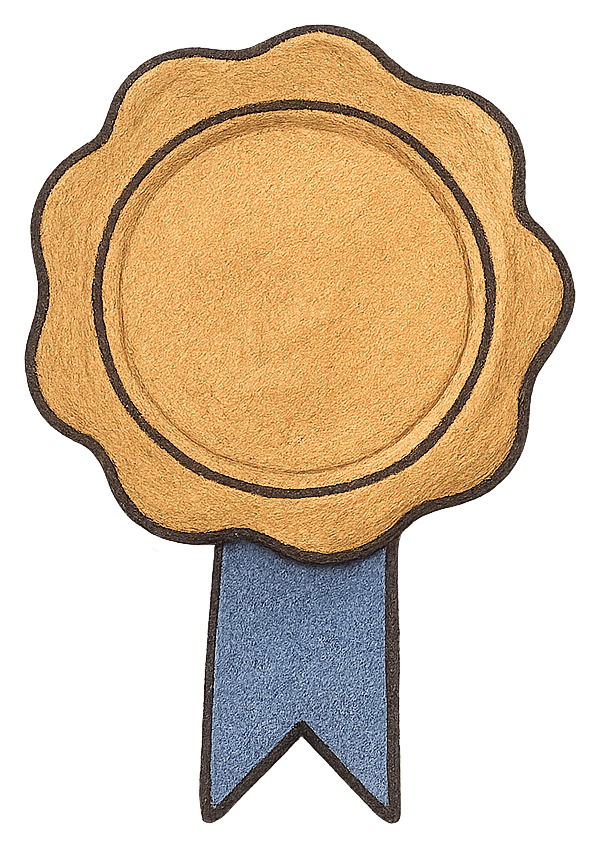 A gold seal with a blue ribbon