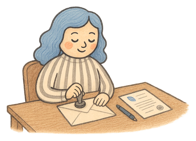 A drawing of a woman sealing an envelope at a desk, a copy of a deed poll beside her
