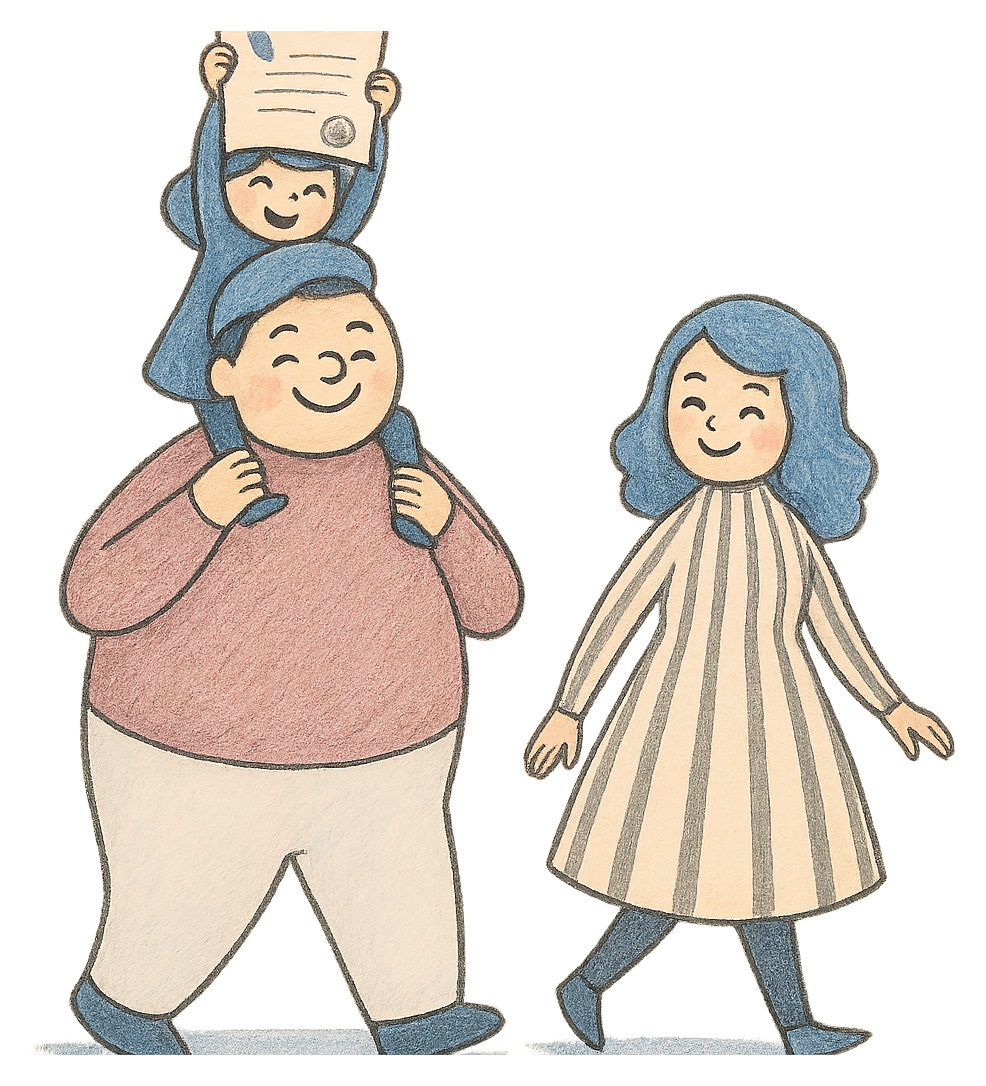 A drawing of a little girl on her father's shoulders holding up a deed poll
