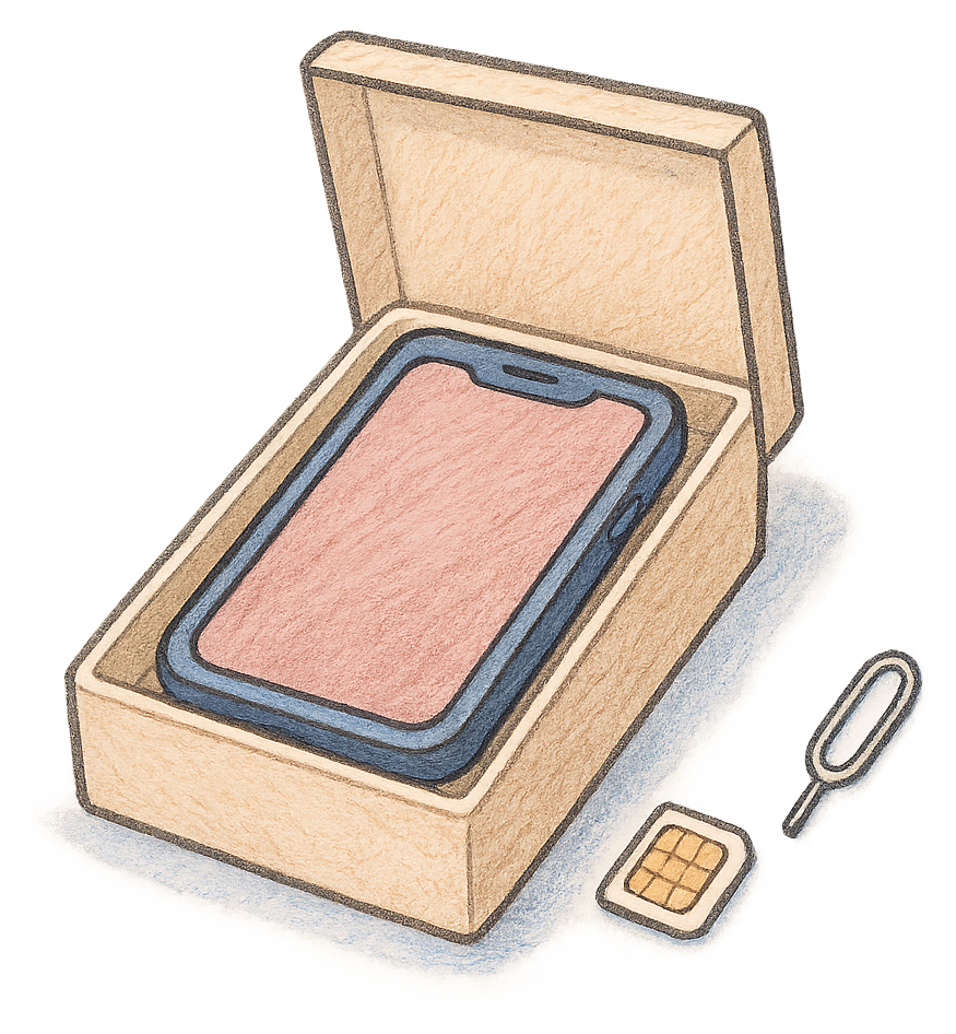 A drawing of a new mobile phone in its box with a SIM card beside it