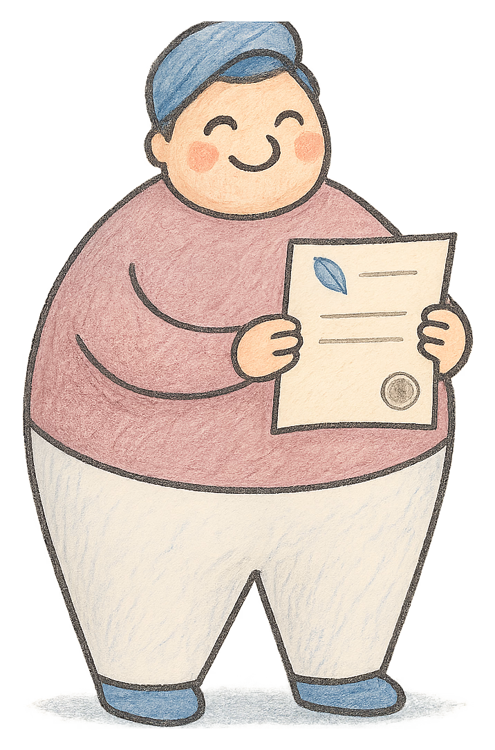 A drawing of a man holding up a deed poll with a single line of writing