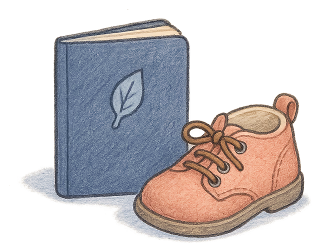 A drawing of a small passport beside a child's shoe